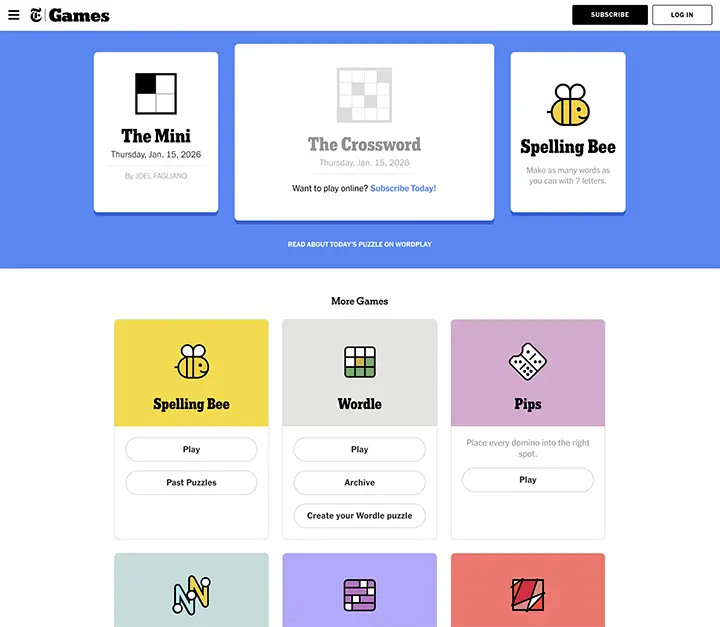 NYT Games 메인 화면 이미지