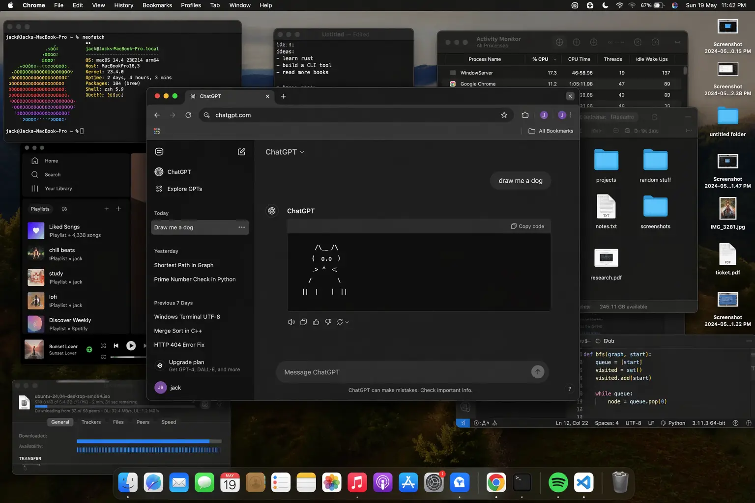 a screenshot of chatgpt, in a browser, in macosx. the user types "draw me a dog" chatgpt draws an ascii dog the front window is chatgpt, but the desktop is quite messy with lots of random windows open (e.g. a terminal). they're all in the background